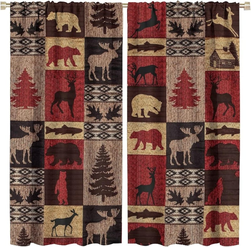 Kazynee Vintage Check Black Bear Blackout Curtains - Rustic Country Farmhouse Cabin Elk Tree Plaid Rod Pocket Window Treatment Set Energy Saving Thermal Insulated Drapes,2 Panels 45L x 21W - Image 1